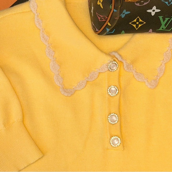 Yellow Collared Knit Top with Lace Trim - Picture 2 of 4